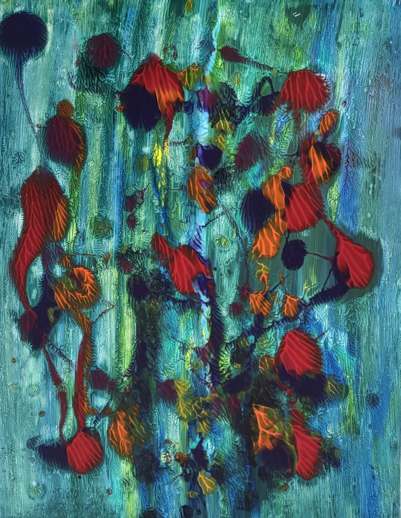 In this process i usually produce 3 to 5 prints with changing colors on heavy cardboard, canvas and Lupo. A Long Time Gone Acrylics on Lupo 20x26