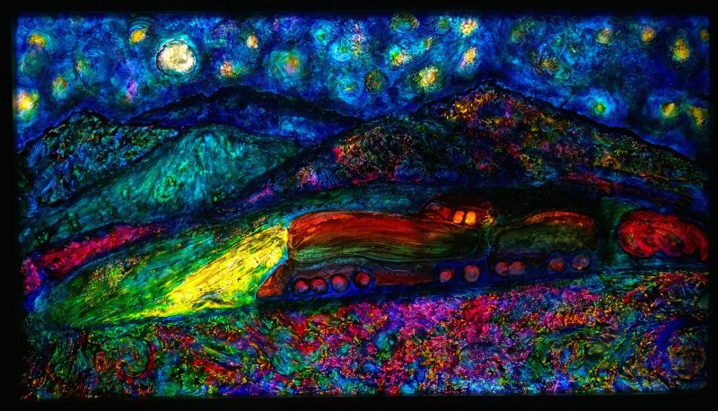 This invention marks my transition from glass to painting. 16x28 Mix media on Plate glass